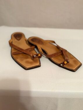 Women's Handmade Brown Leather Gem-Accent Thong Sandals